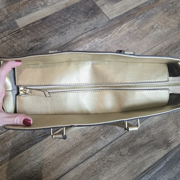 Anne Klein Metallic Cork & Gold Satchel Handbag - Chic Structured Tote - Picture 4 of 7